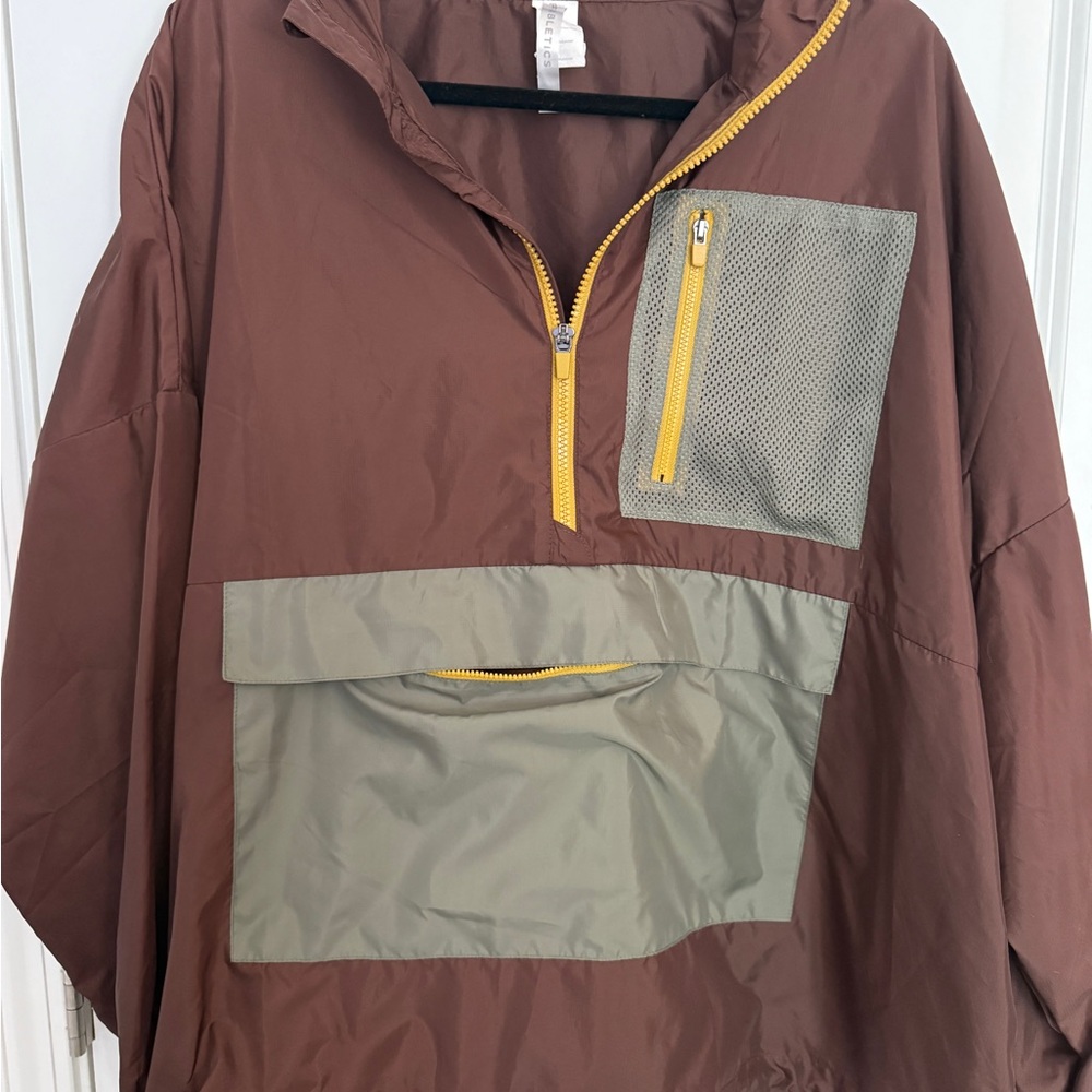 Fabletics Brown WindBreaker with Green and Yellow pocket/zippers Size 1X
